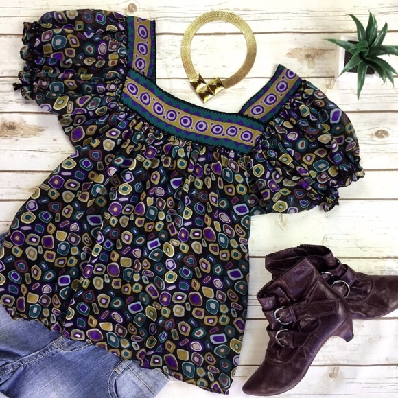 Geometric Print Short Sleeve BOHO Festival Blouse - Picture 3 of 7